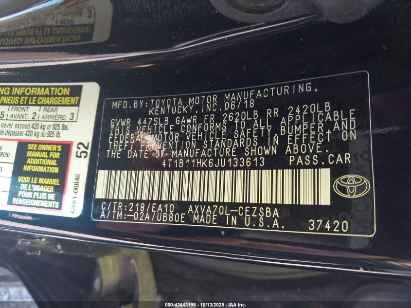 2018 Toyota Camry Se VIN: 4T1B11HK6JU133613 Lot: 43443196