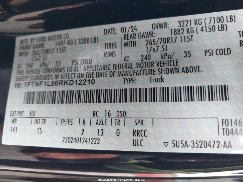 2024 Ford F-150 Xl VIN: 1FTNF1L86RKD12210 Lot: 43443208