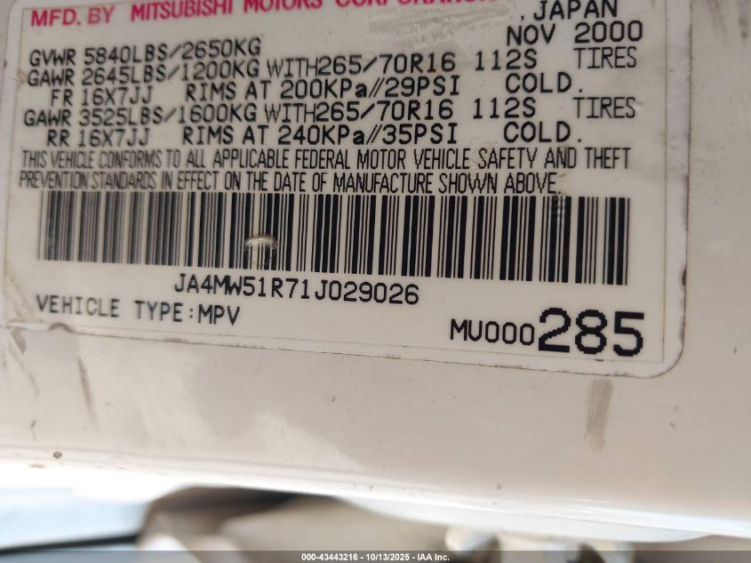 2001 Mitsubishi Montero Limited VIN: JA4MW51R71J029026 Lot: 43443216