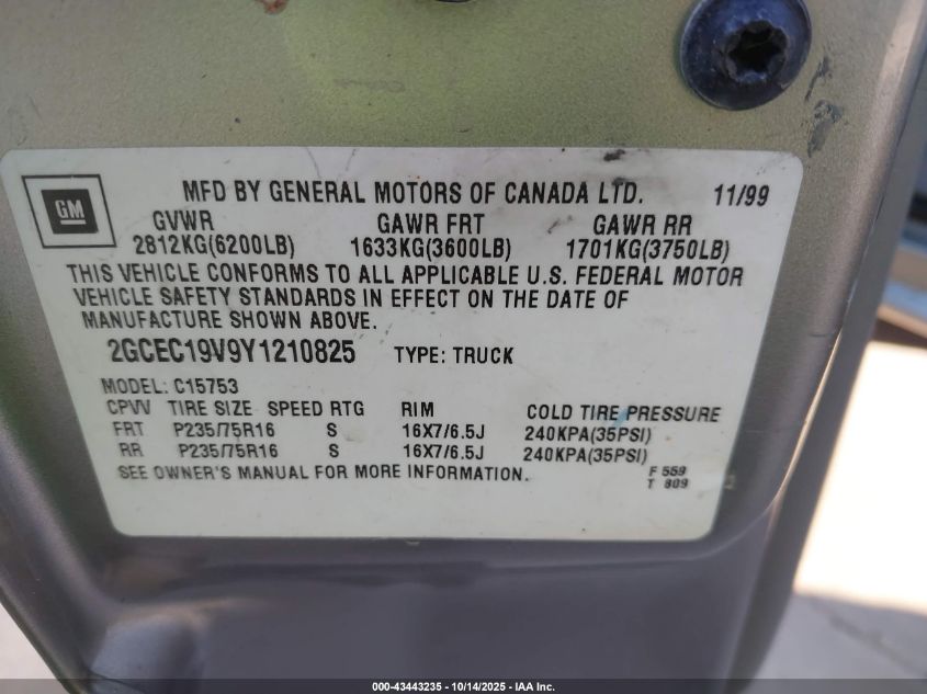 2000 Chevrolet Silverado 1500 Ls VIN: 2GCEC19V9Y1210825 Lot: 43443235