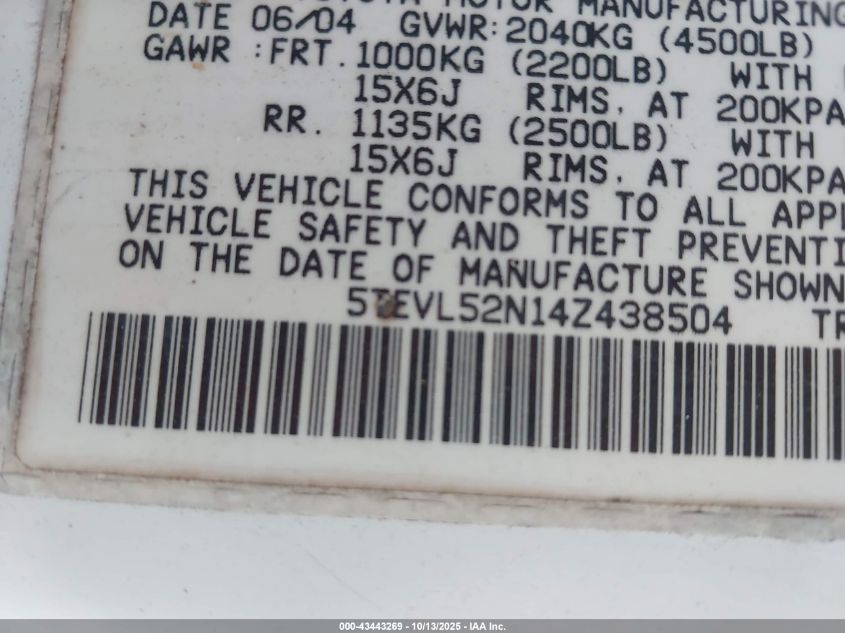 2004 Toyota Tacoma VIN: 5TEVL52N14Z438504 Lot: 43443269