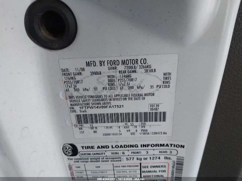 2009 Ford F-150 Xlt VIN: 1FTPW14V89FA17521 Lot: 43443281