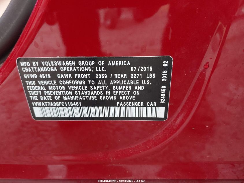 2015 Volkswagen Passat 1.8T Limited Edition VIN: 1VWAT7A38FC118461 Lot: 43443295
