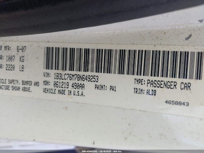 2008 Dodge Avenger R/T VIN: 1B3LC76M78N649253 Lot: 43443302