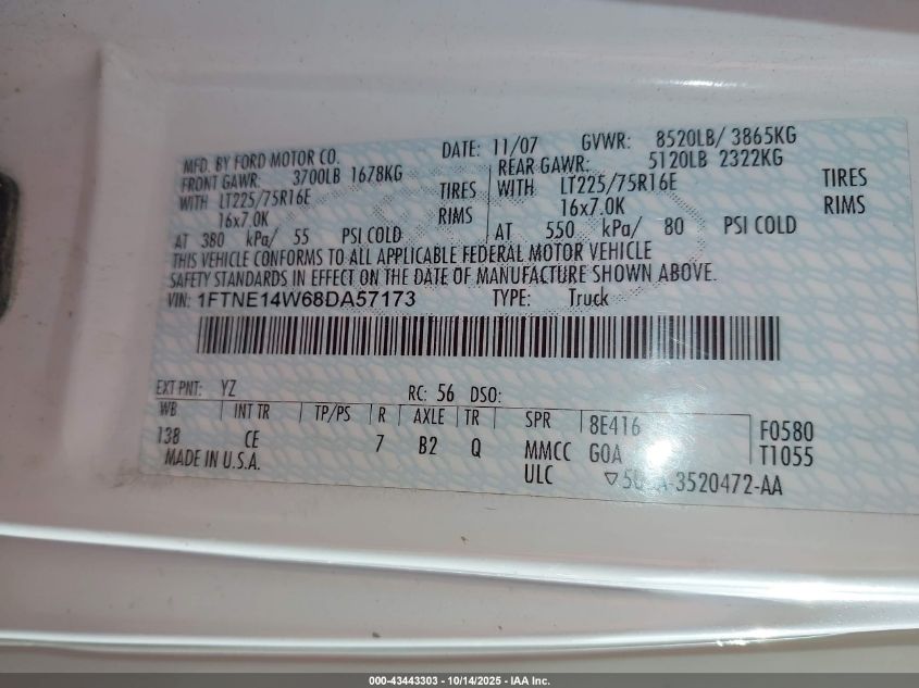 2008 Ford E-150 Commercial/Recreational VIN: 1FTNE14W68DA57173 Lot: 43443303