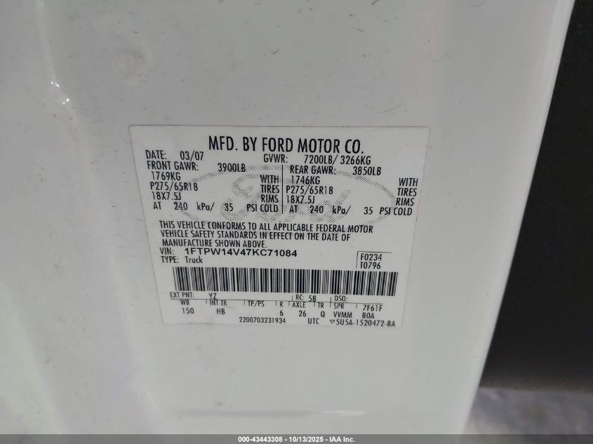2007 Ford F-150 Fx4/Lariat/Xlt VIN: 1FTPW14V47KC71084 Lot: 43443308