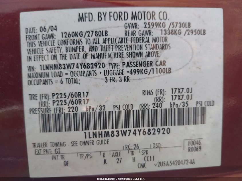 2004 Lincoln Town Car Ultimate VIN: 1LNHM83W74Y682920 Lot: 43443309