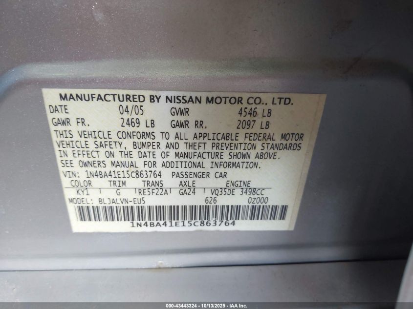 2005 Nissan Maxima 3.5 Sl VIN: 1N4BA41E15C863764 Lot: 43443324