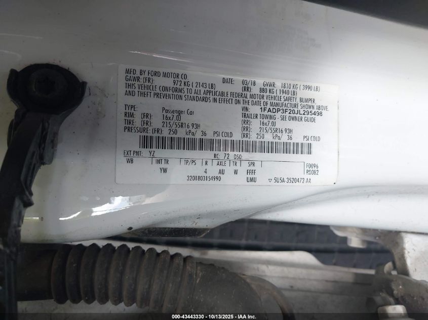 2018 Ford Focus Se VIN: 1FADP3F20JL295498 Lot: 43443330