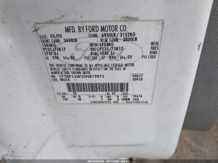 2005 Ford F-150 Stx/Xl/Xlt VIN: 1FTRF14W35NB19973 Lot: 43443336