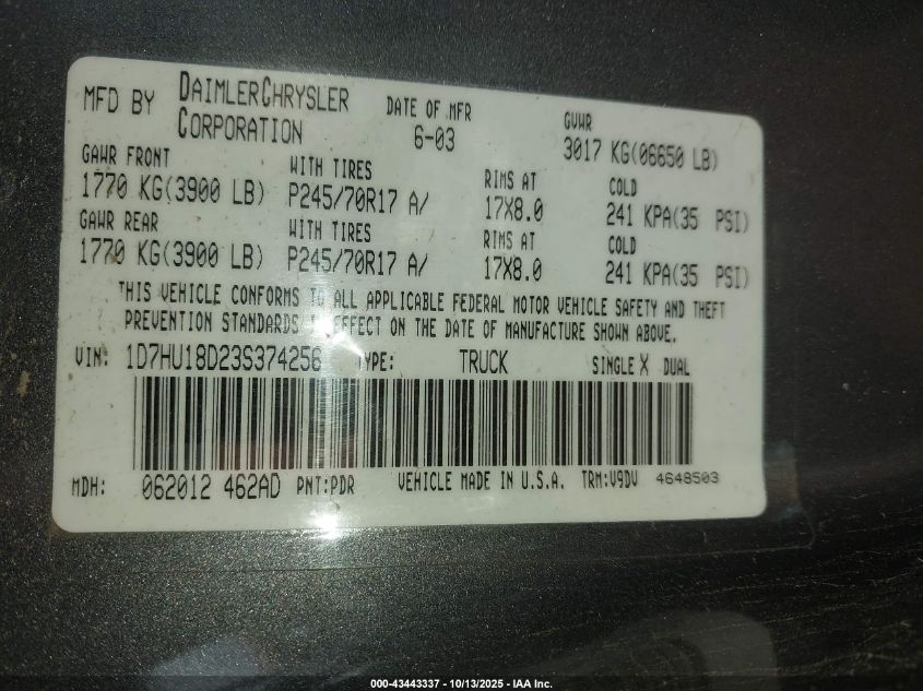 2003 Dodge Ram 1500 Slt/Laramie/St VIN: 1D7HU18D23S374256 Lot: 43443337