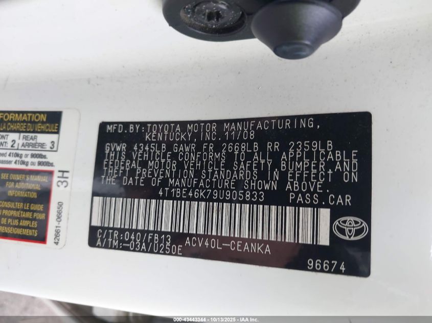 2009 Toyota Camry Le VIN: 4T1BE46K79U905833 Lot: 43443344