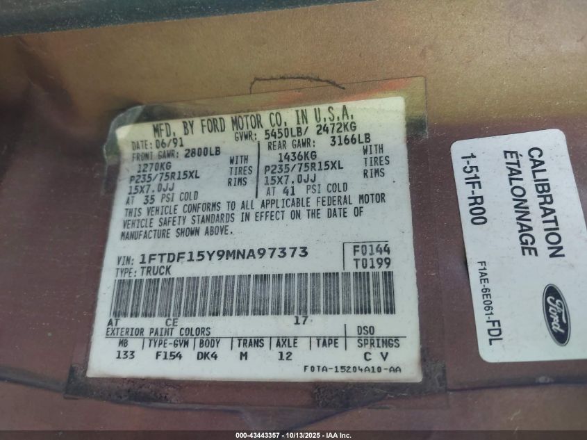 1991 Ford F150 VIN: 1FTDF15Y9MNA97373 Lot: 43443357