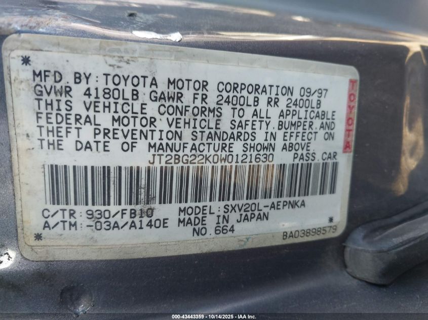 1998 Toyota Camry Le VIN: JT2BG22K0W0121630 Lot: 43443359