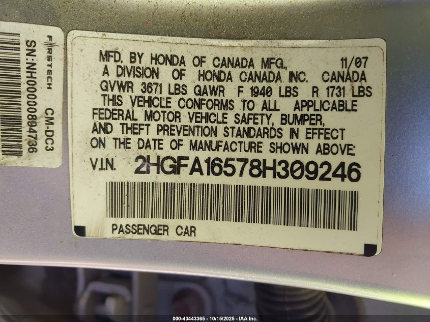 2008 Honda Civic Lx VIN: 2HGFA16578H309246 Lot: 43443365