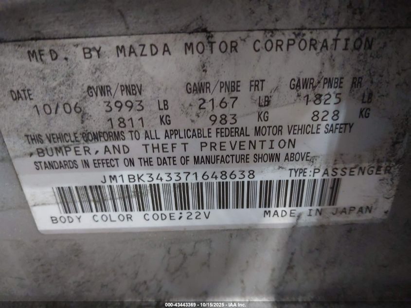 2007 Mazda Mazda3 S Touring VIN: JM1BK343371648638 Lot: 43443369