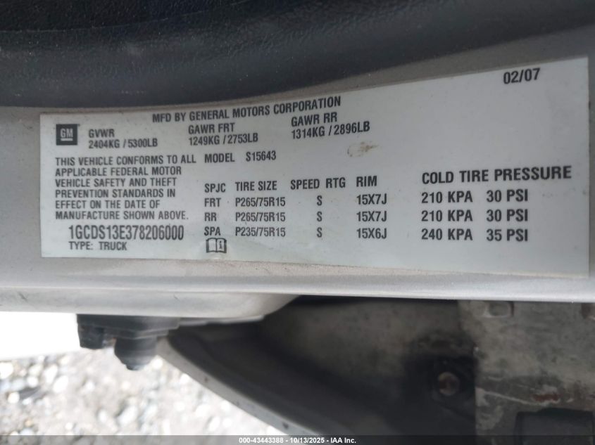 2007 Chevrolet Colorado Lt VIN: 1GCDS13E378206000 Lot: 43443388