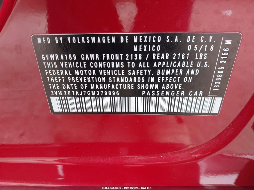 2016 Volkswagen Jetta 1.4T S VIN: 3VW267AJ7GM379896 Lot: 43443390