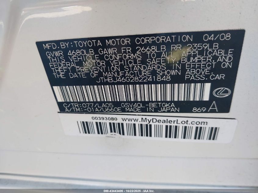 2008 Lexus Es 350 VIN: JTHBJ46G282241848 Lot: 43443406