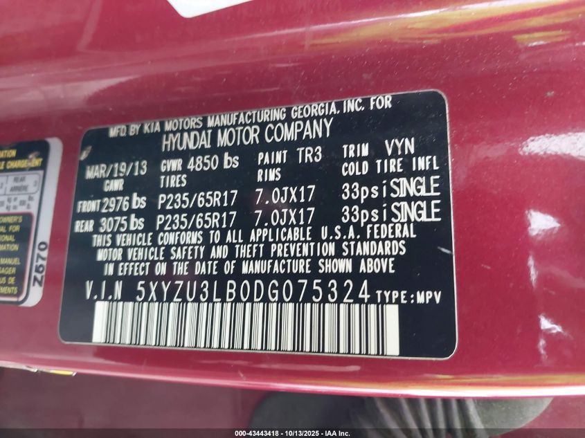 2013 Hyundai Santa Fe Sport VIN: 5XYZU3LB0DG075324 Lot: 43443418