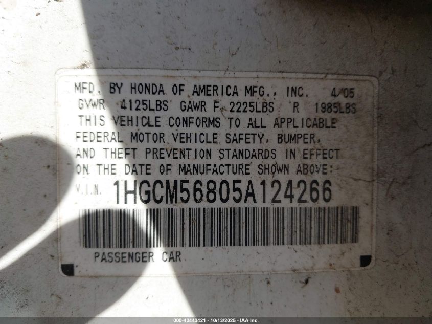 2005 Honda Accord 2.4 Ex VIN: 1HGCM56805A124266 Lot: 43443421