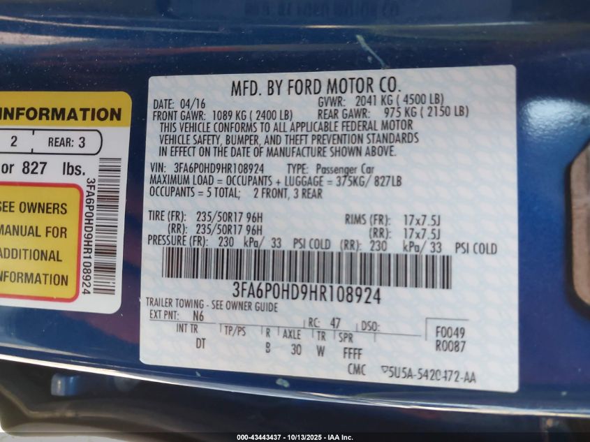 2017 Ford Fusion Se VIN: 3FA6P0HD9HR108924 Lot: 43443437