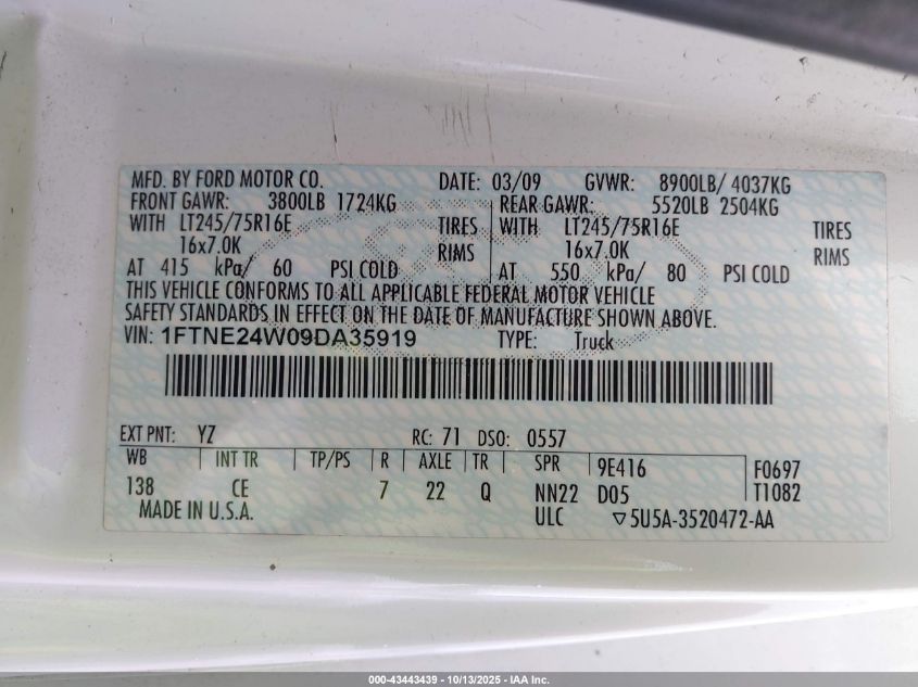 2009 Ford E-250 Commercial/Recreational VIN: 1FTNE24W09DA35919 Lot: 43443439