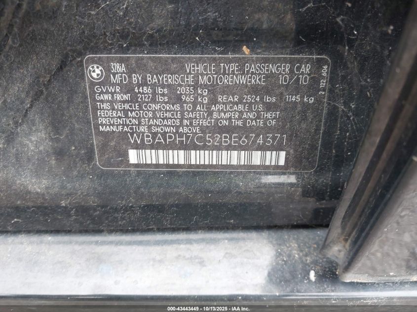 2011 BMW 328I VIN: WBAPH7C52BE674371 Lot: 43443449