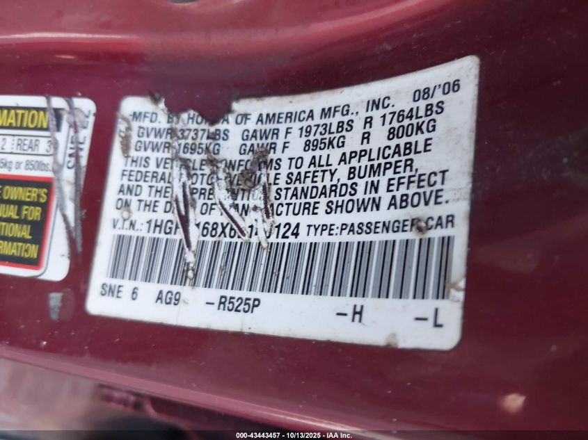 2006 Honda Civic Ex VIN: 1HGFA168X6L140124 Lot: 43443457