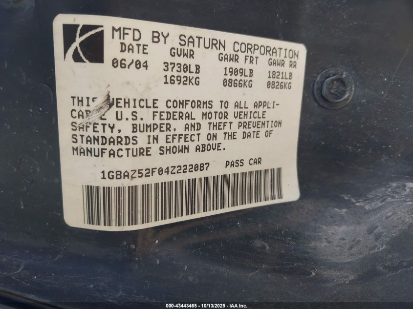 2004 Saturn Ion 2 VIN: 1G8AZ52F04Z222087 Lot: 43443465