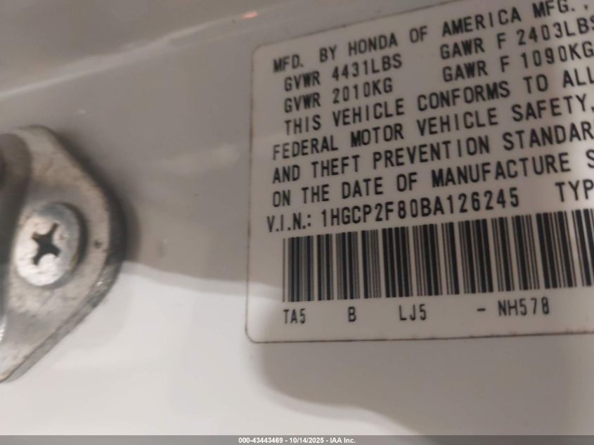 2011 Honda Accord 2.4 Ex-L VIN: 1HGCP2F80BA126245 Lot: 43443469