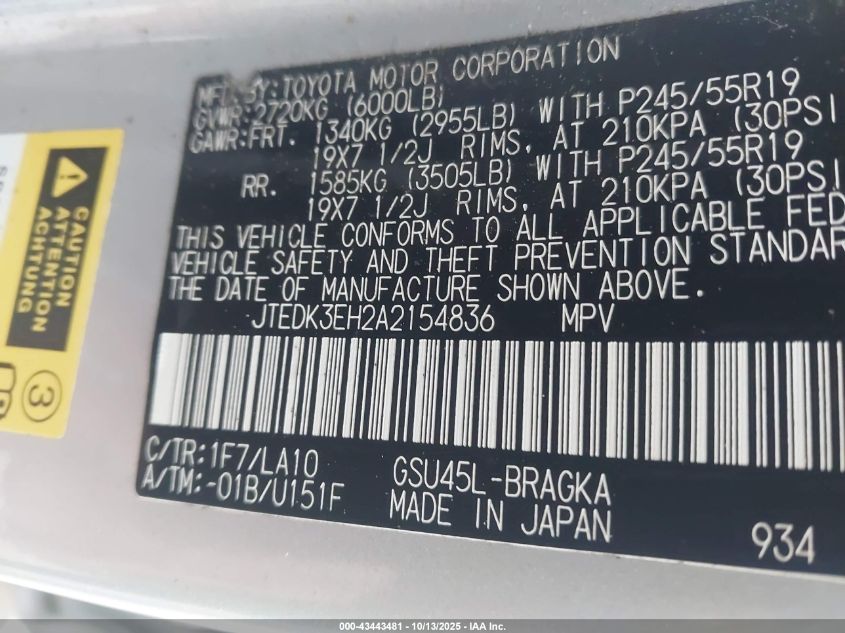 2010 Toyota Highlander Limited V6 VIN: JTEDK3EH2A2154836 Lot: 43443481