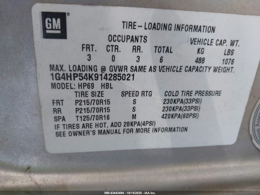 2001 Buick Lesabre Custom VIN: 1G4HP54K914285021 Lot: 43443494