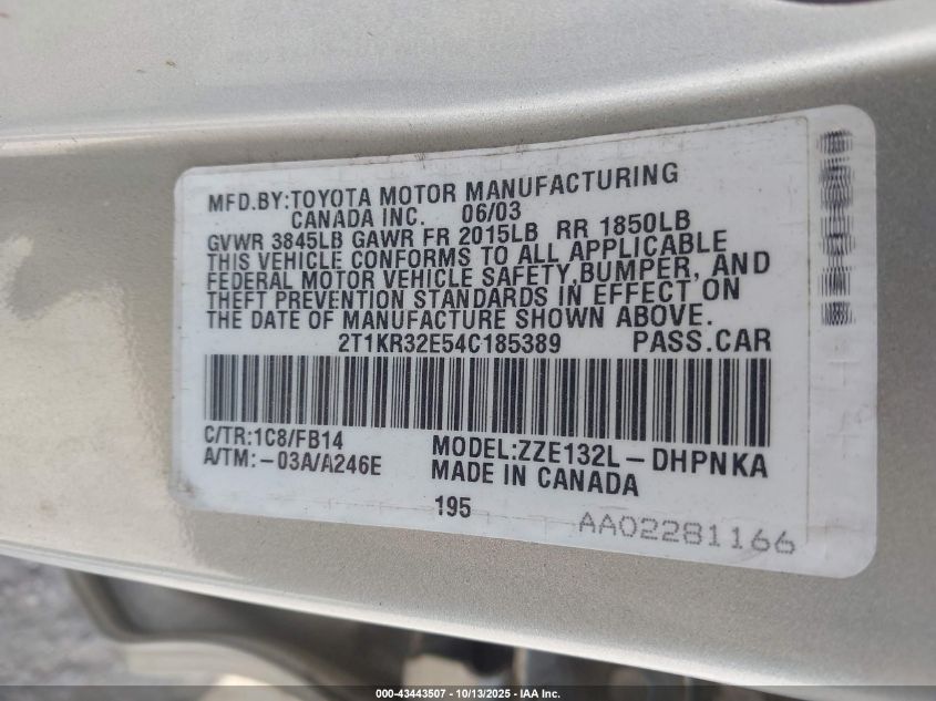 2004 Toyota Matrix Xr VIN: 2T1KR32E54C185389 Lot: 43443507