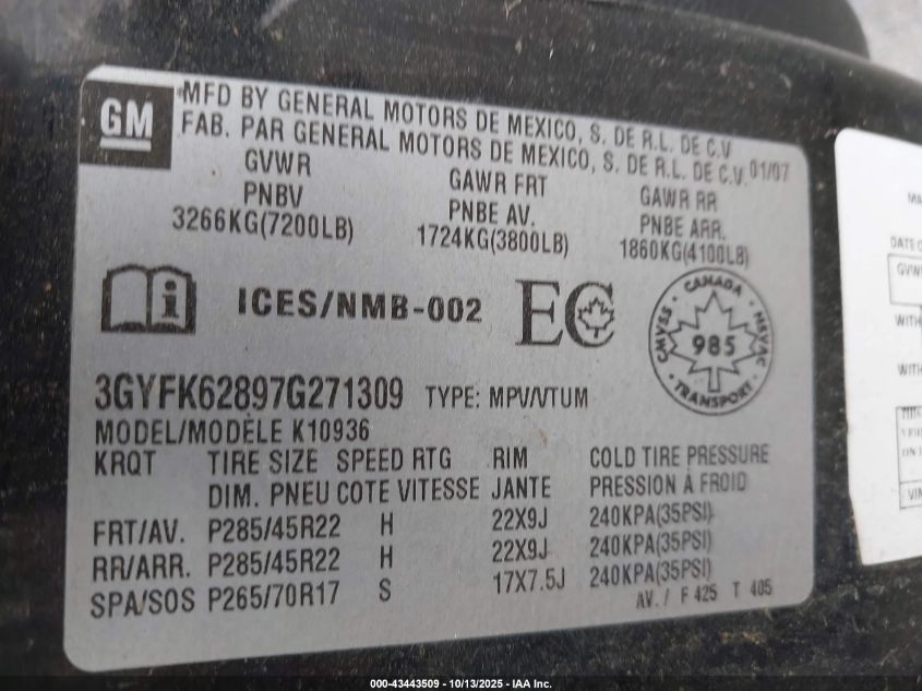 2007 Cadillac Escalade Ext Standard VIN: 3GYFK62897G271309 Lot: 43443509