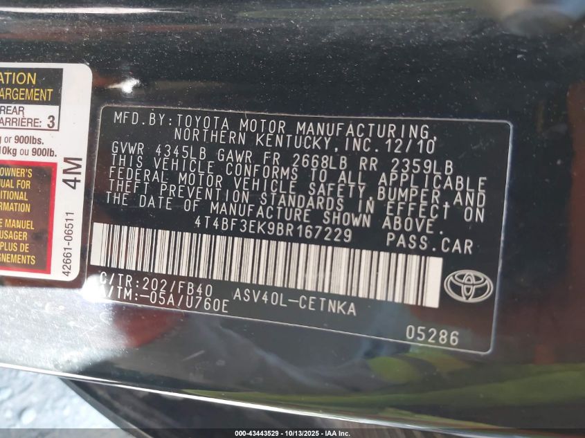 2011 Toyota Camry Le VIN: 4T4BF3EK9BR167229 Lot: 43443529