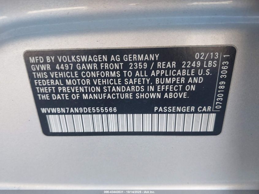 2013 Volkswagen Cc 2.0T R-Line VIN: WVWBN7AN9DE555566 Lot: 43443531