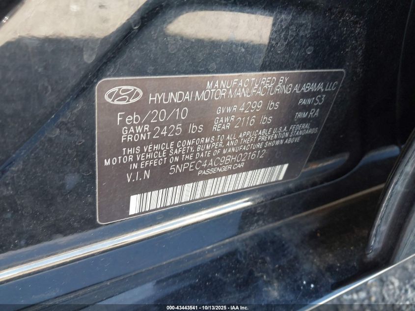 2011 Hyundai Sonata Limited VIN: 5NPEC4AC9BH021612 Lot: 43443541
