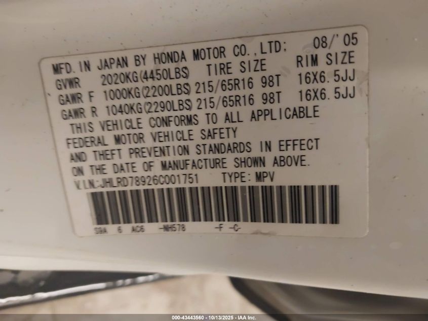 2006 Honda Cr-V Se VIN: JHLRD78926C001751 Lot: 43443560