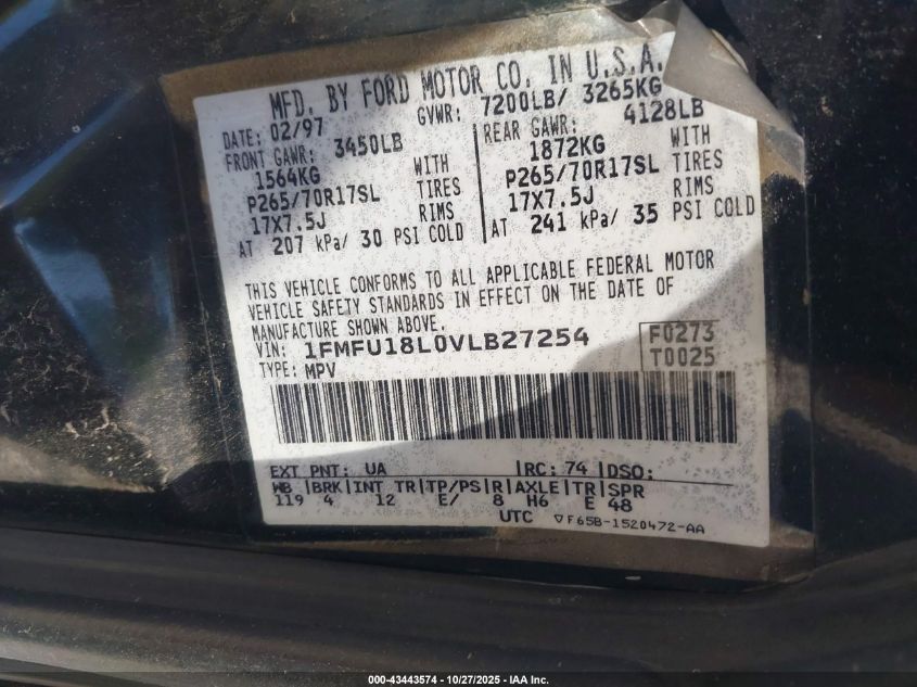 1997 Ford Expedition Eddie Bauer/Xlt VIN: 1FMFU18L0VLB27254 Lot: 43443574