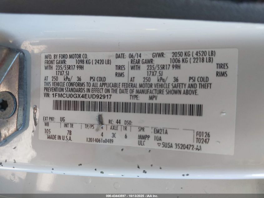 2014 Ford Escape Se VIN: 1FMCU0GX4EUD92917 Lot: 43443597