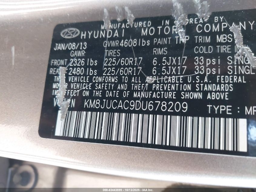 2013 Hyundai Tucson Gls VIN: KM8JUCAC9DU678209 Lot: 43443599