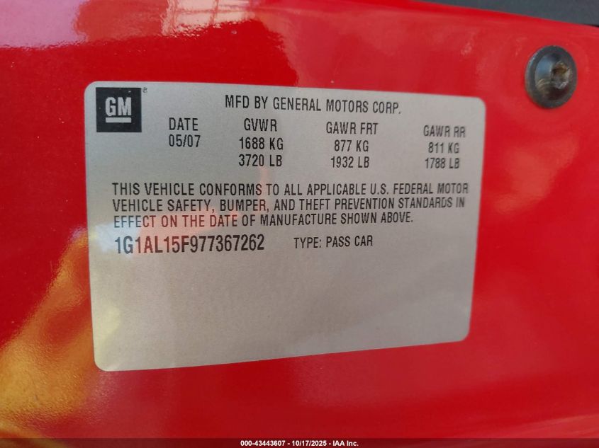2007 Chevrolet Cobalt Lt VIN: 1G1AL15F977367262 Lot: 43443607