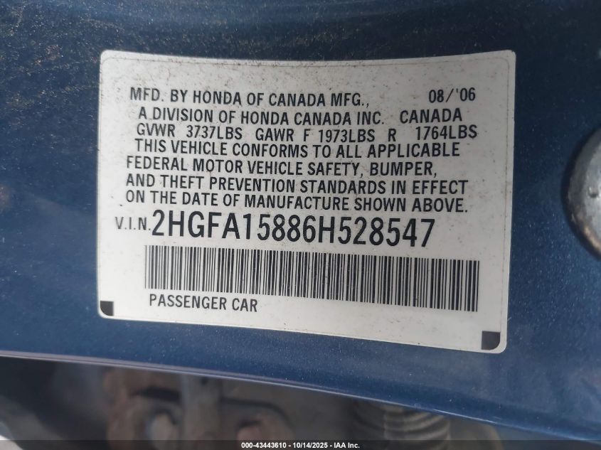 2006 Honda Civic Ex VIN: 2HGFA15886H528547 Lot: 43443610