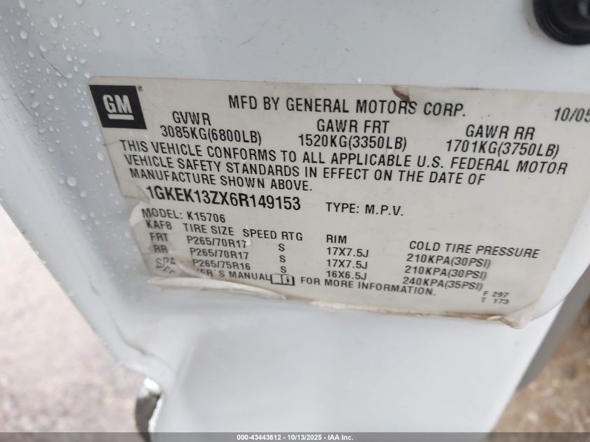 2006 GMC Yukon Slt VIN: 1GKEK13ZX6R149153 Lot: 43443612