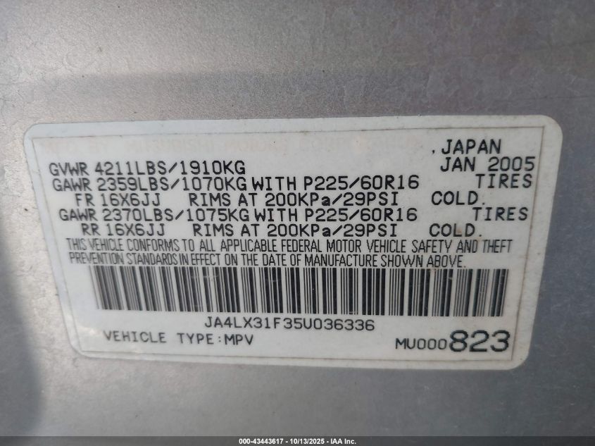 2005 Mitsubishi Outlander Ls VIN: JA4LX31F35U036336 Lot: 43443617