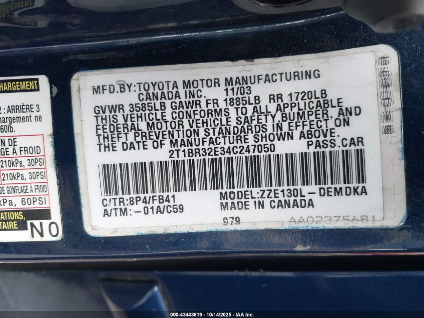 2004 Toyota Corolla Ce VIN: 2T1BR32E34C247050 Lot: 43443619