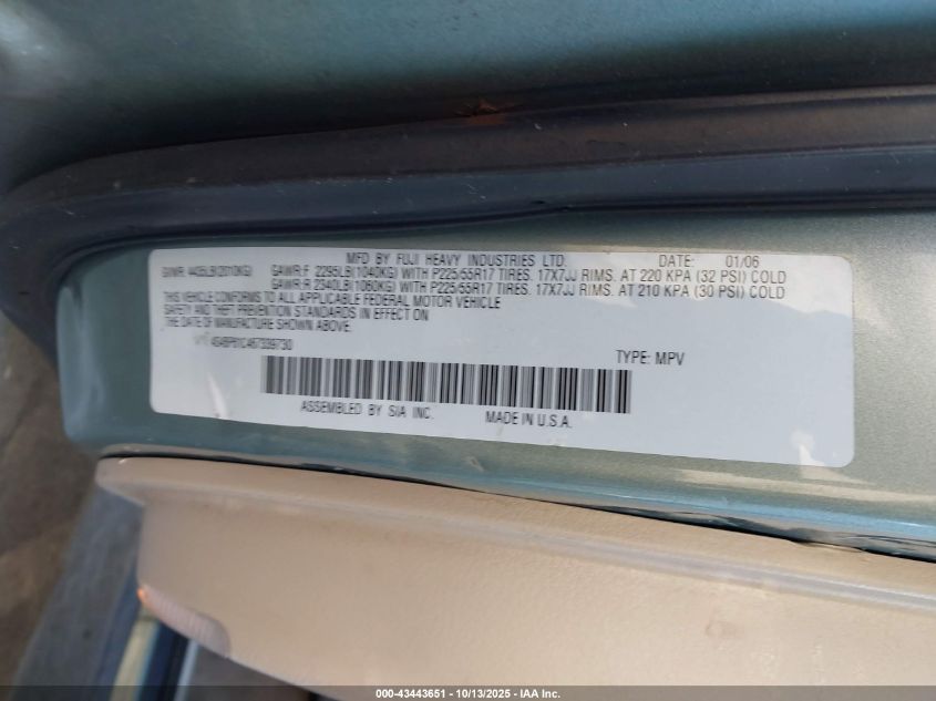 2006 Subaru Outback 2.5I VIN: 4S4BP61C467339730 Lot: 43443651