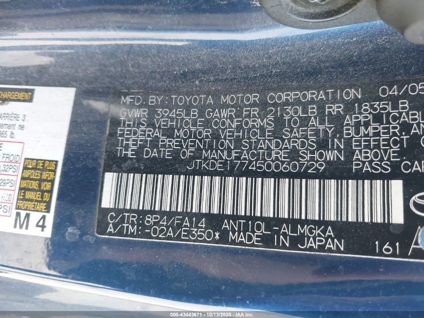 2005 Scion Tc VIN: JTKDE177450060729 Lot: 43443671