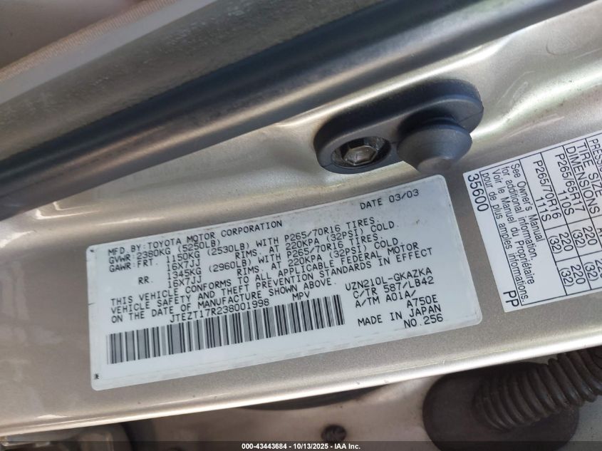 2003 Toyota 4Runner Limited V8 VIN: JTEZT17R238001998 Lot: 43443684